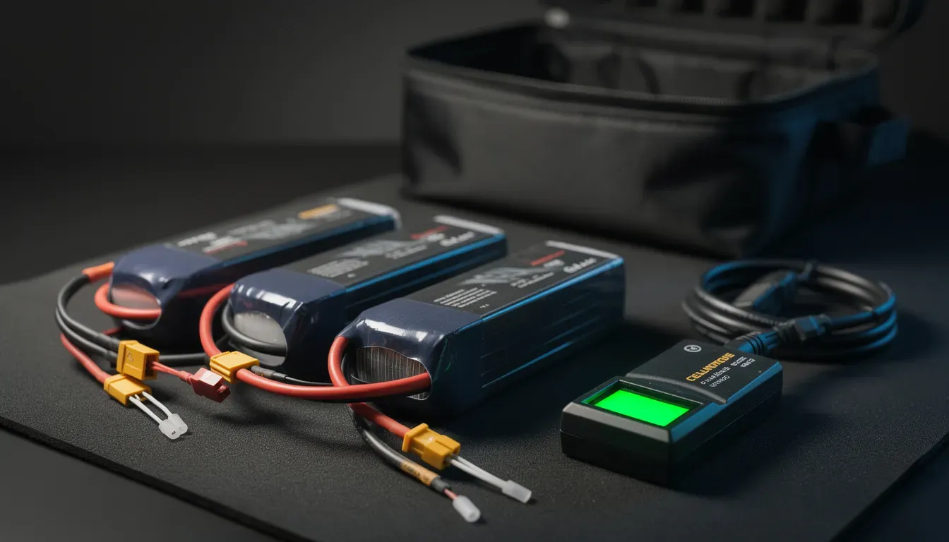 Três baterias LiPo de airsoft com conectores, testador digital de células ligado e bolsa antichama sobre bancada escura