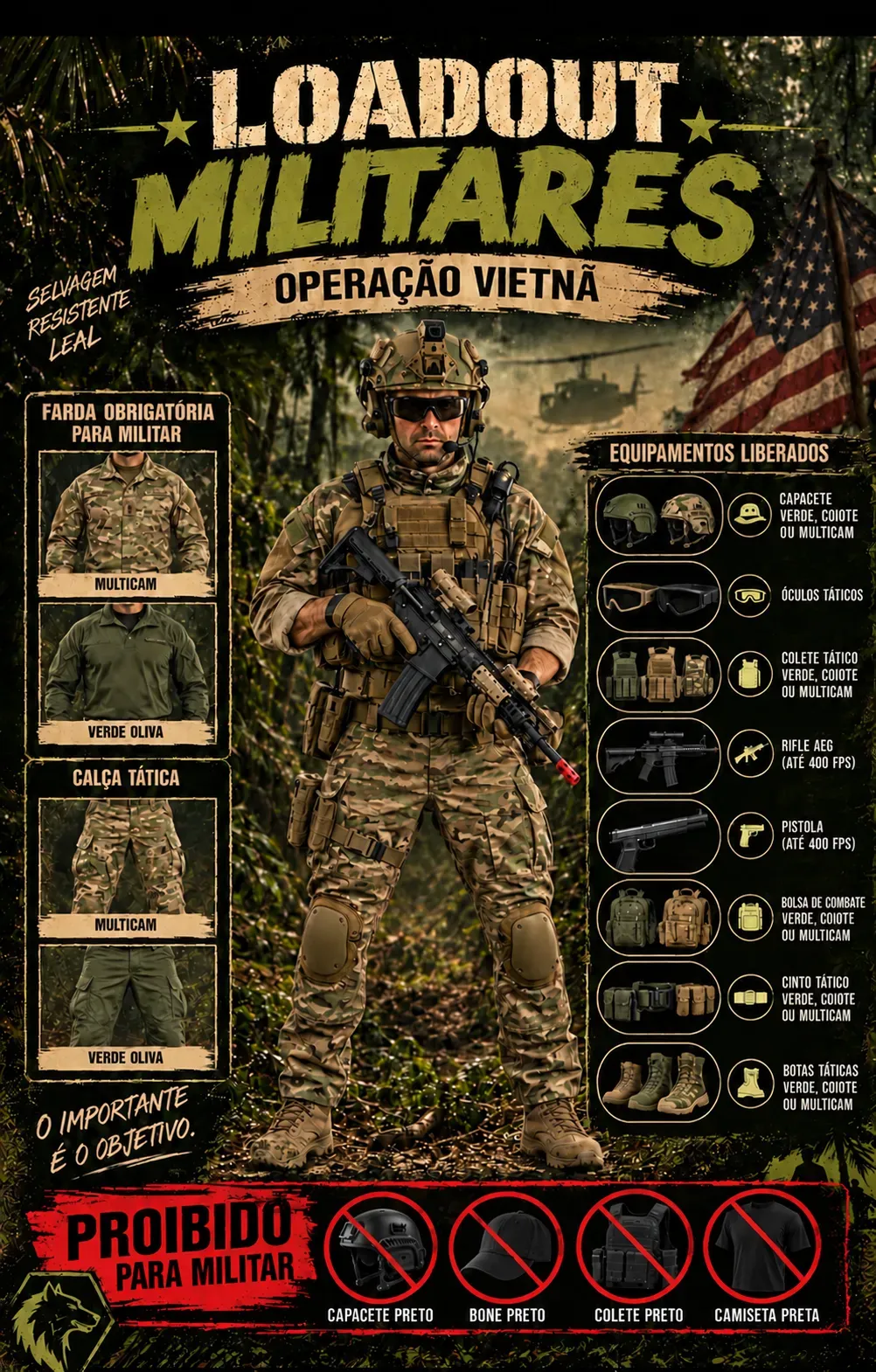 Guia oficial do US Army: militar com farda multicam e equipamentos verde oliva, coiote e multicam