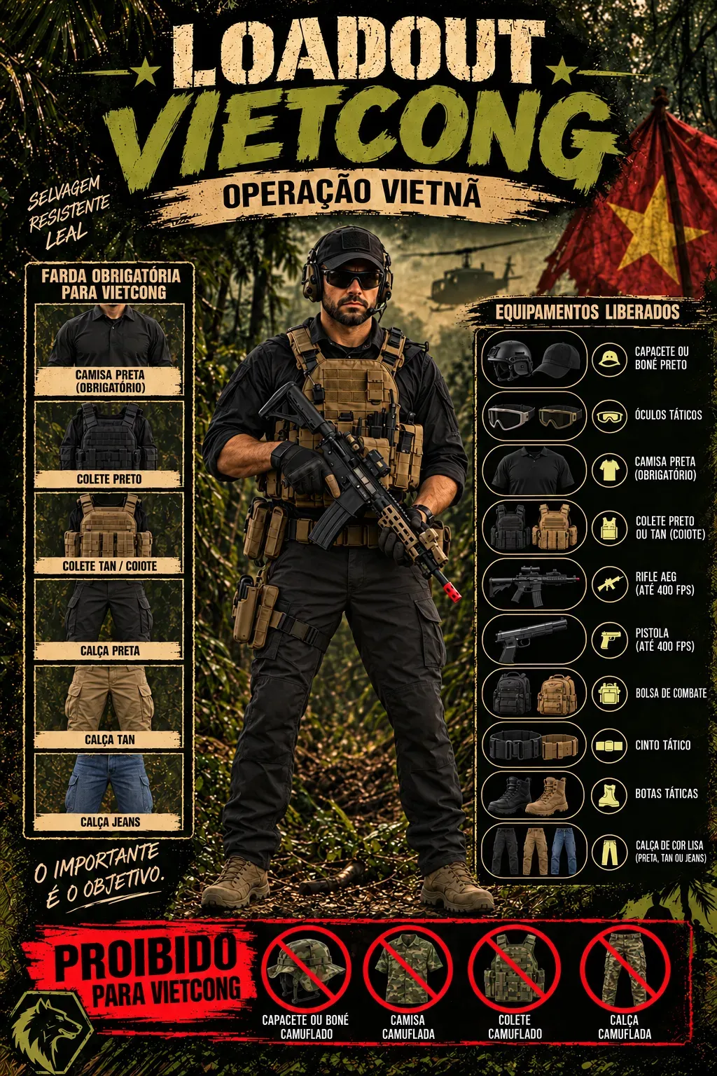 Guia oficial do Vietcong: combatente com camisa preta, calça preta e colete coiote