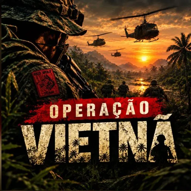 Arte da Operação Vietnã: combatentes avançam pela selva com helicópteros ao pôr do sol
