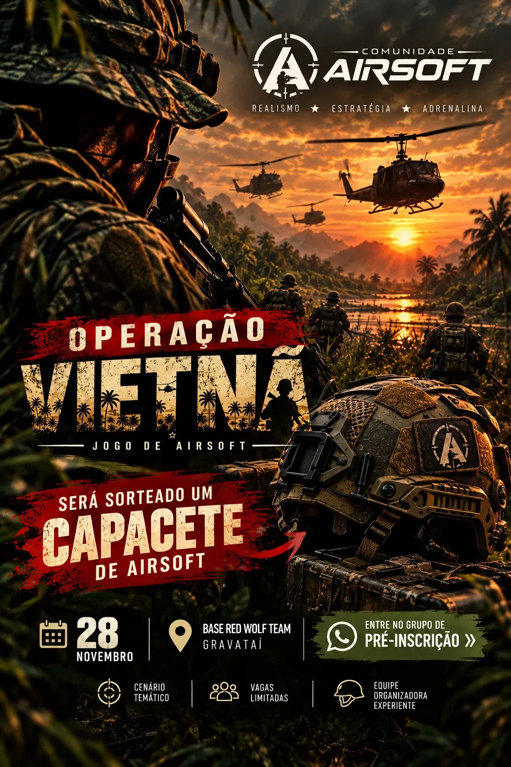 Arte oficial anunciando sorteio de um capacete de airsoft na Operação Vietnã